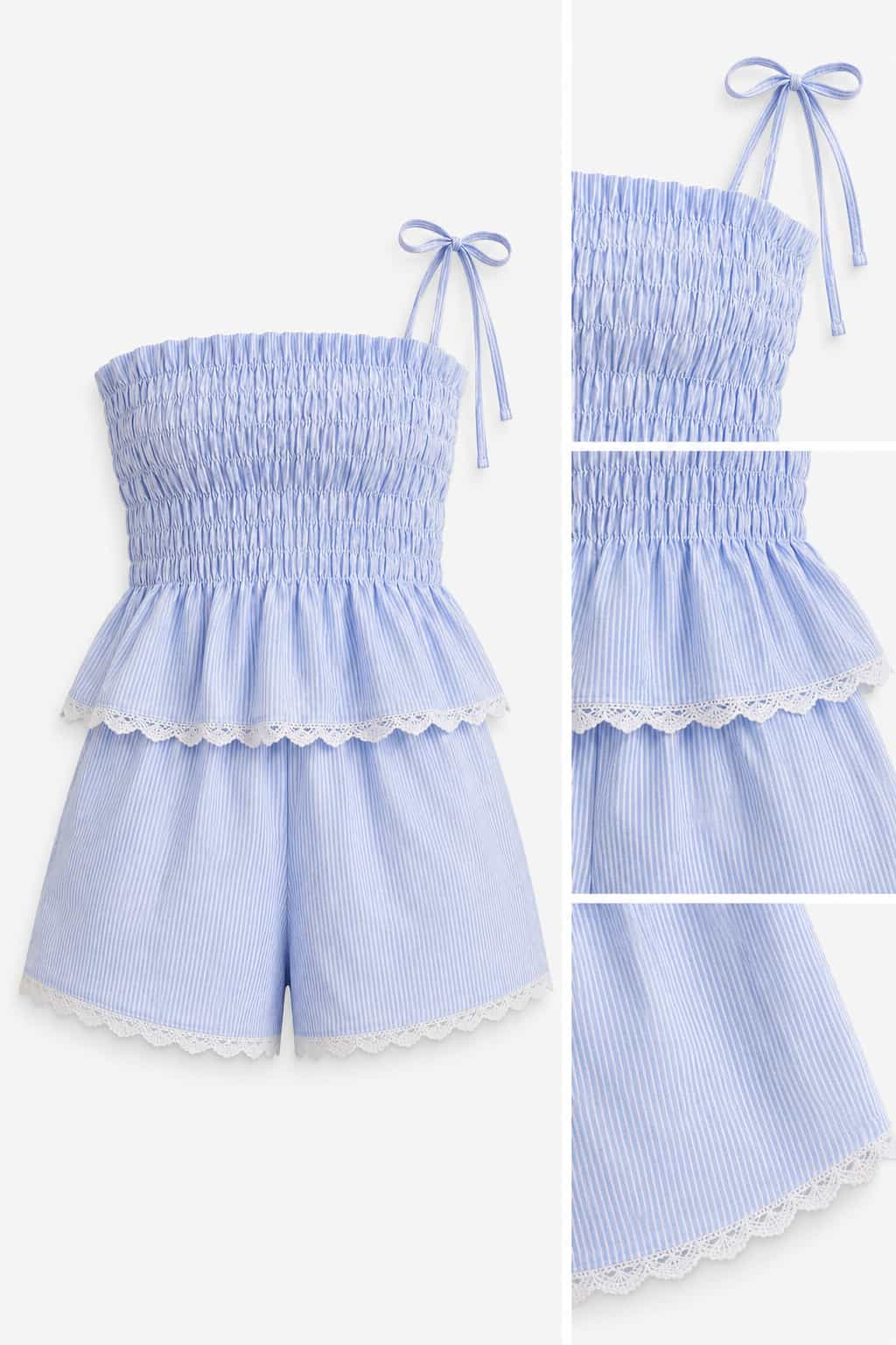 Set rayas azul claro y blanco bordado blanco L/XL