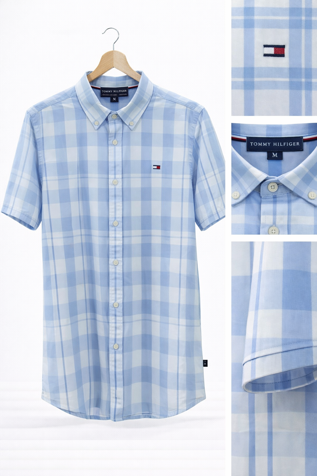 Camisa Tommy hilfiger cuadros blanco y azul tipo manga corta
